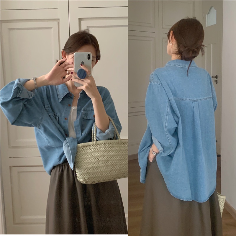 67914 Áo Sơ Mi denim Dài Tay Giản Dị Cổ Điển