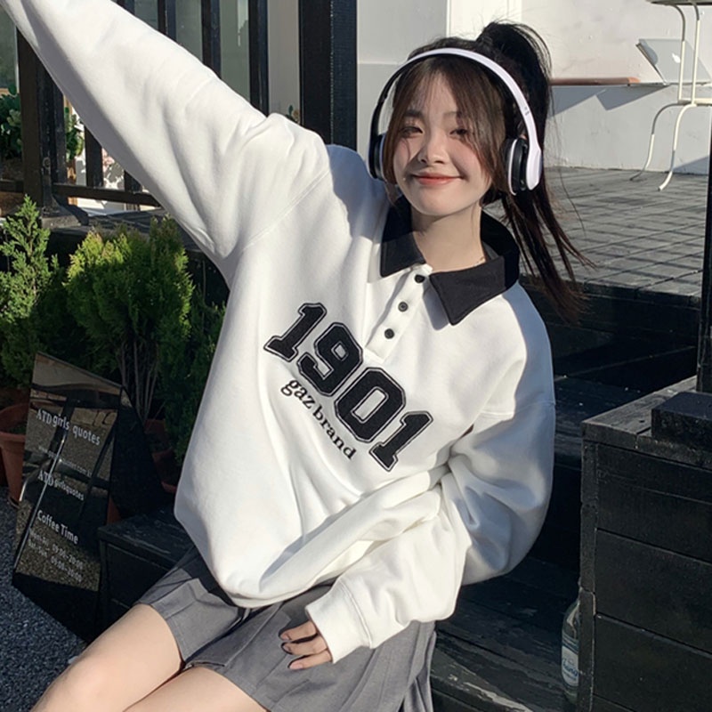 Áo Sweater Tay Dài Cổ polo Thêu Họa Tiết Thời Trang Hàn Quốc Cho Nữ