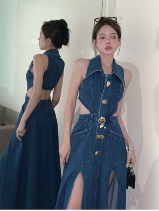 Váy Jean Thiết Kế Xẻ Eo Sexy Màu Xanh Ve Áo Mới Chạm Rỗng Eo Thon Dài Cắt Chéo Khí Chất Denim Cao Cấp Dành Cho Nữ