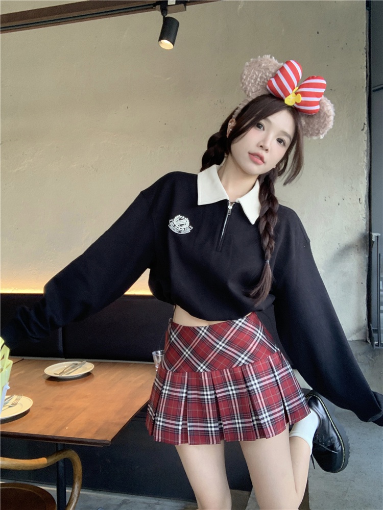 Áo sweater Tay Dài Cổ polo Thêu Họa Tiết Màu Sắc Tương Phản Phong Cách Hàn Quốc Cho Nữ