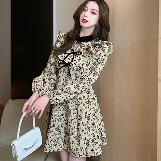 Đầm Xòe Hoa Nhí Tay Dài Phối Bèo Vai Đính Nơ Ngực Tiểu Thư