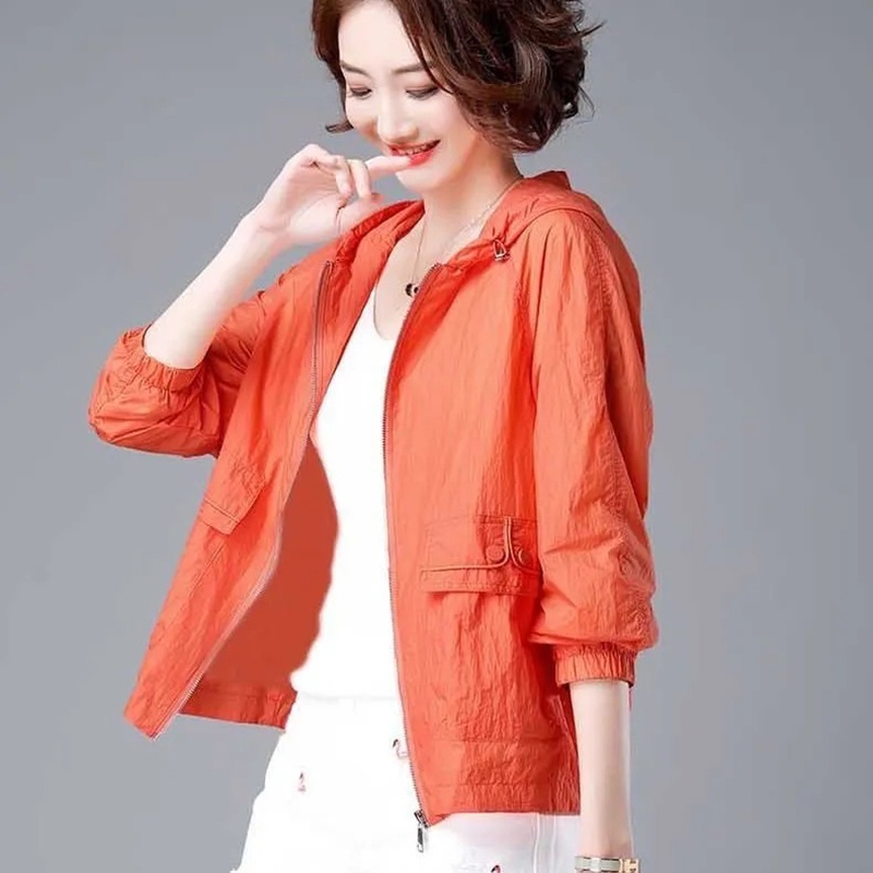 Áo Khoác Chống Gió Mỏng Có Mũ Trùm Phối Khóa Kéo Thời Trang Mùa Hè Hàng Mới 2023 Dành Cho Bạn Nữ