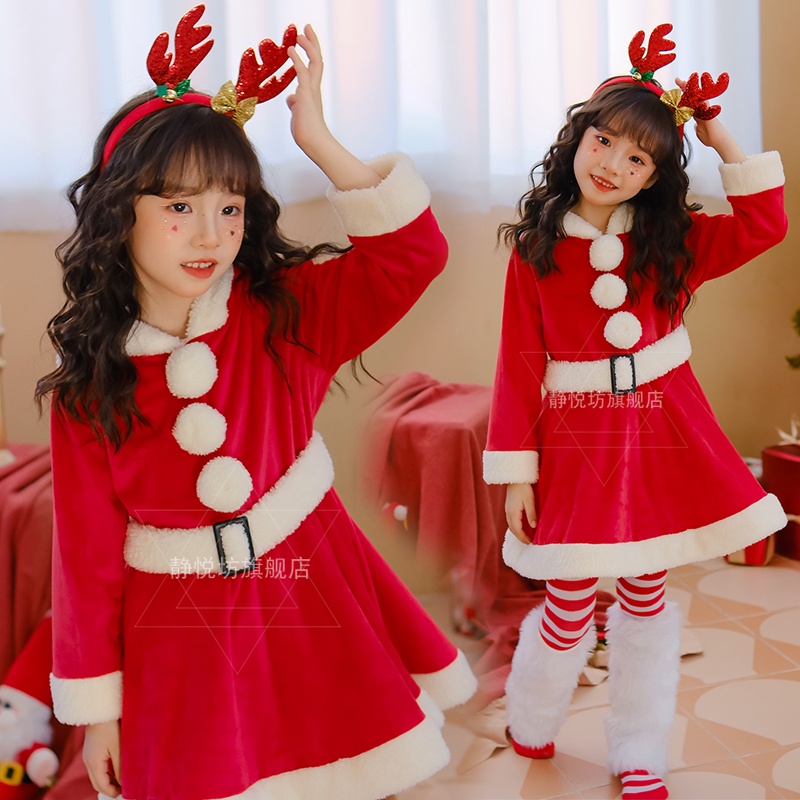 Đầm Công Chúa Tay Dài Phồng Màu Đỏ In Họa Tiết Ông Già Noel Dễ Thương Thời Trang Mùa Đông Cho Bé Gái
