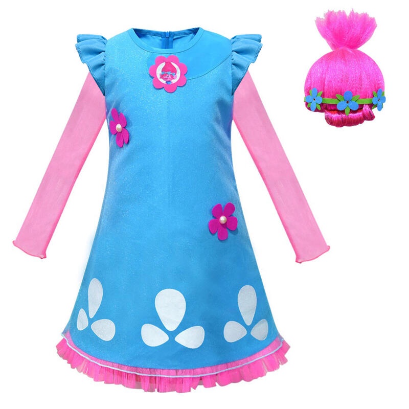 Poppy Đầm Hóa Trang Nhân Vật Hoạt Hình trolls Màu Hồng / Xanh Dương Cho Bé Gái
