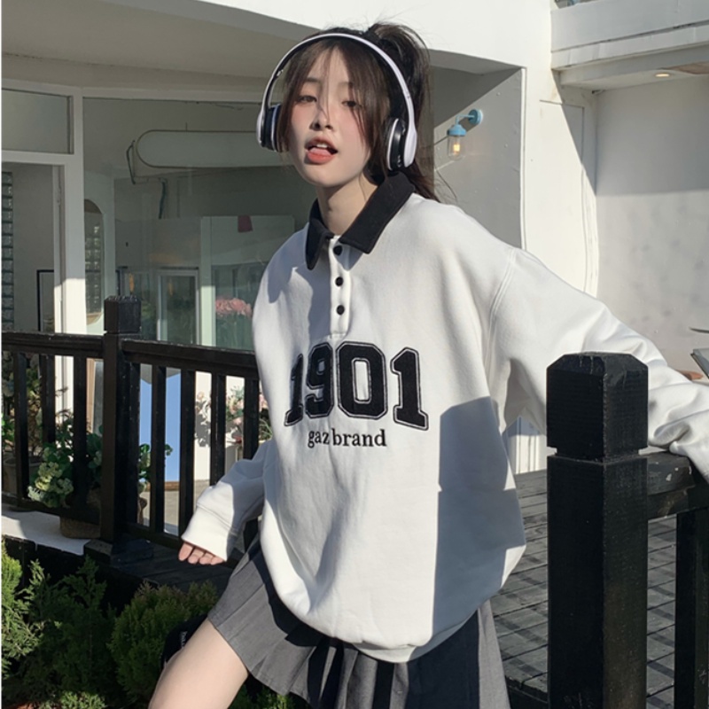 Áo Sweater Tay Dài Cổ polo Thêu Họa Tiết Thời Trang Hàn Quốc Cho Nữ