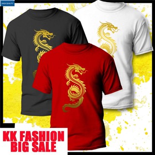 Áo Thun polyester Màu Trắng Đen Đỏ In Hình Rồng Vàng Nghệ Thuật