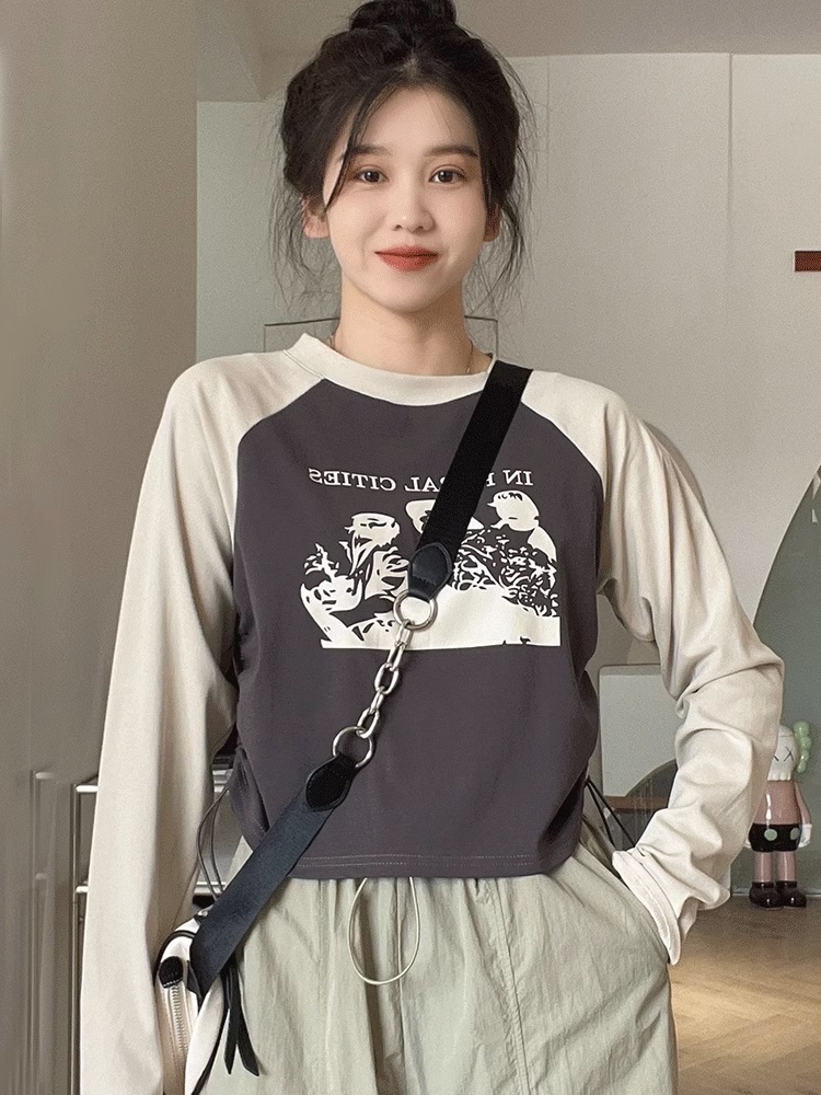 Áo Thun Tay Dài In Họa Tiết Màu Sắc Tương Phản Phong Cách retro 67787 Cho Nữ