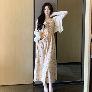 Ngọt ngào hoa sling ăn cho mùa thu mới cộng với kích thước của phụ nữ áo len cardigan khí chất váy dài hai mảnh