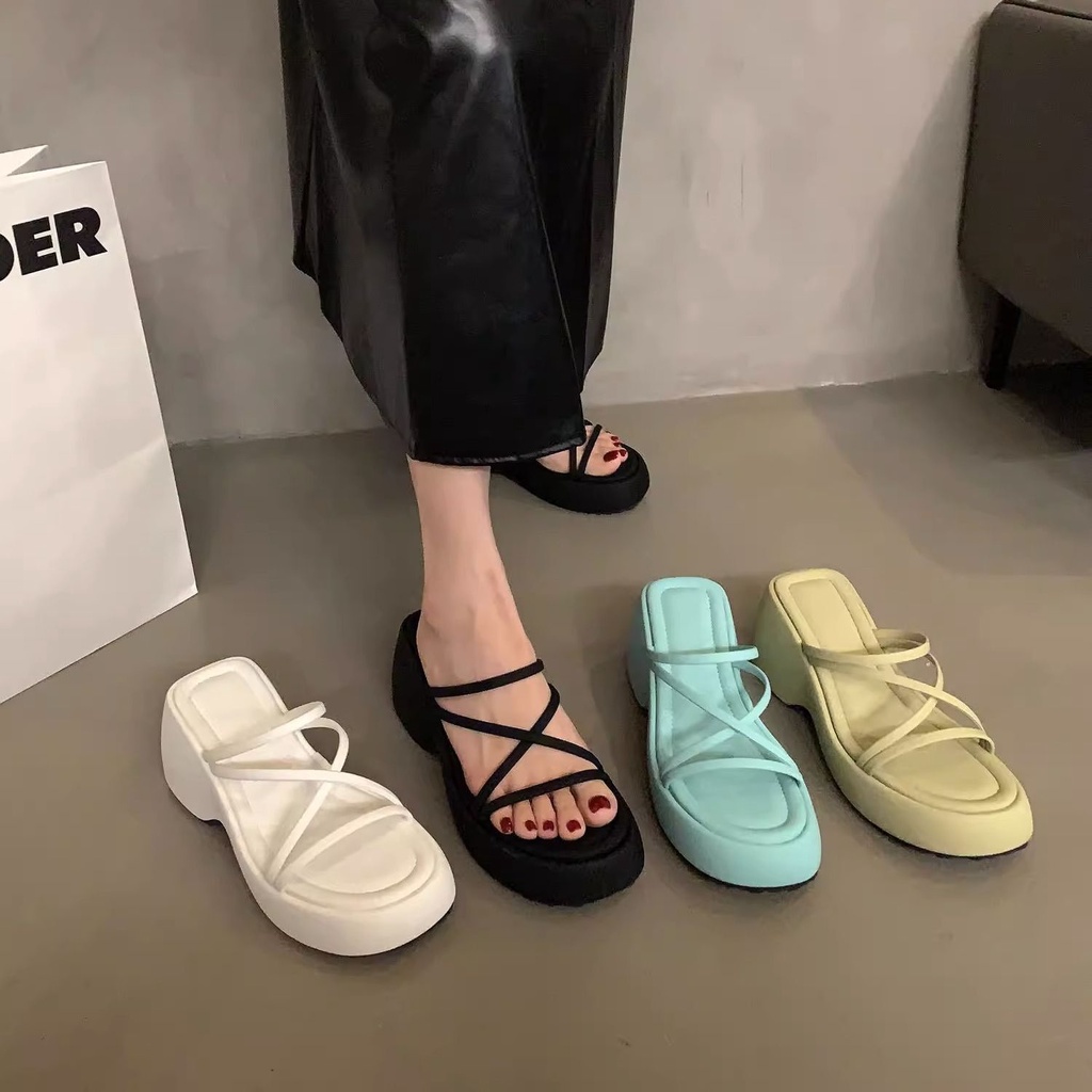 Xăng đan Đế Dày Quai Mảnh Màu Đen Thời Trang Mùa Hè 2023 Cho Nữ