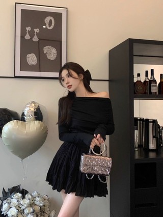 Váy Nữ Phong Cách Pháp Màu Dài Tay Áo Đầm Nữ Mùa Xuân Khí Chất Đen Nhỏ Lộ Vai Túi Hông Ngắn Chữ A Váy