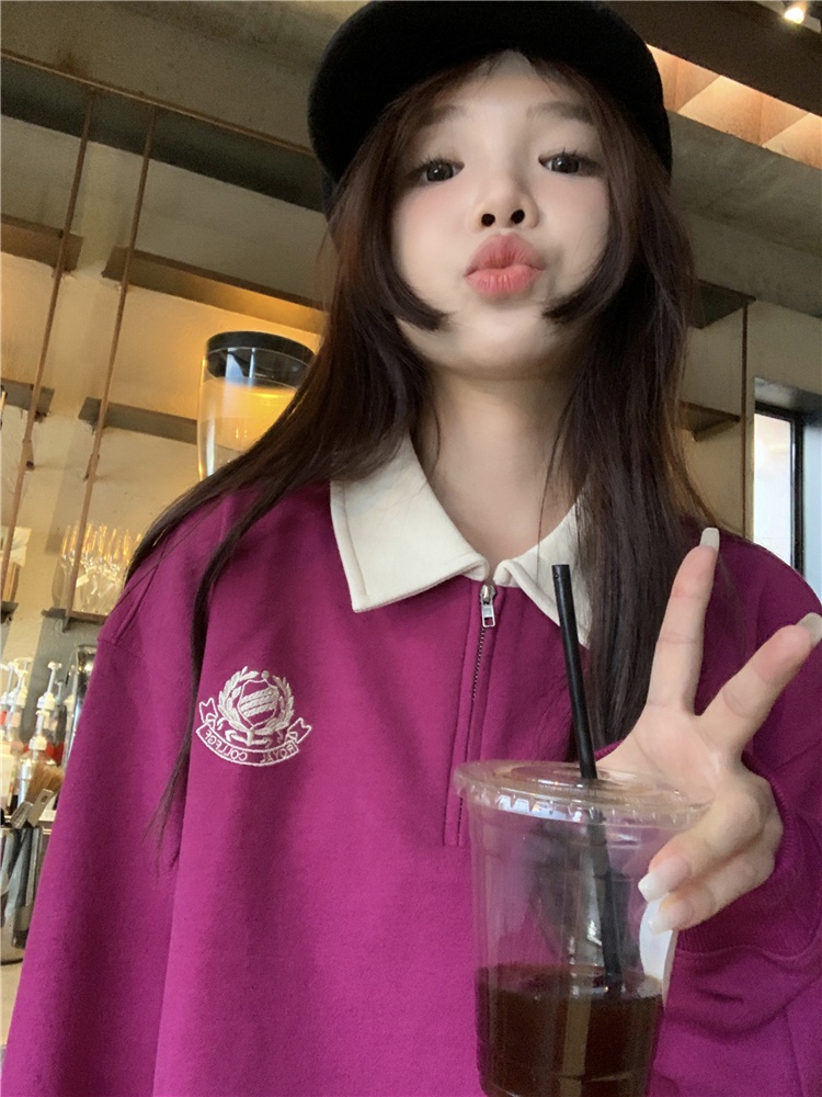 Áo sweater Tay Dài Cổ polo Thêu Họa Tiết Màu Sắc Tương Phản Phong Cách Hàn Quốc Cho Nữ