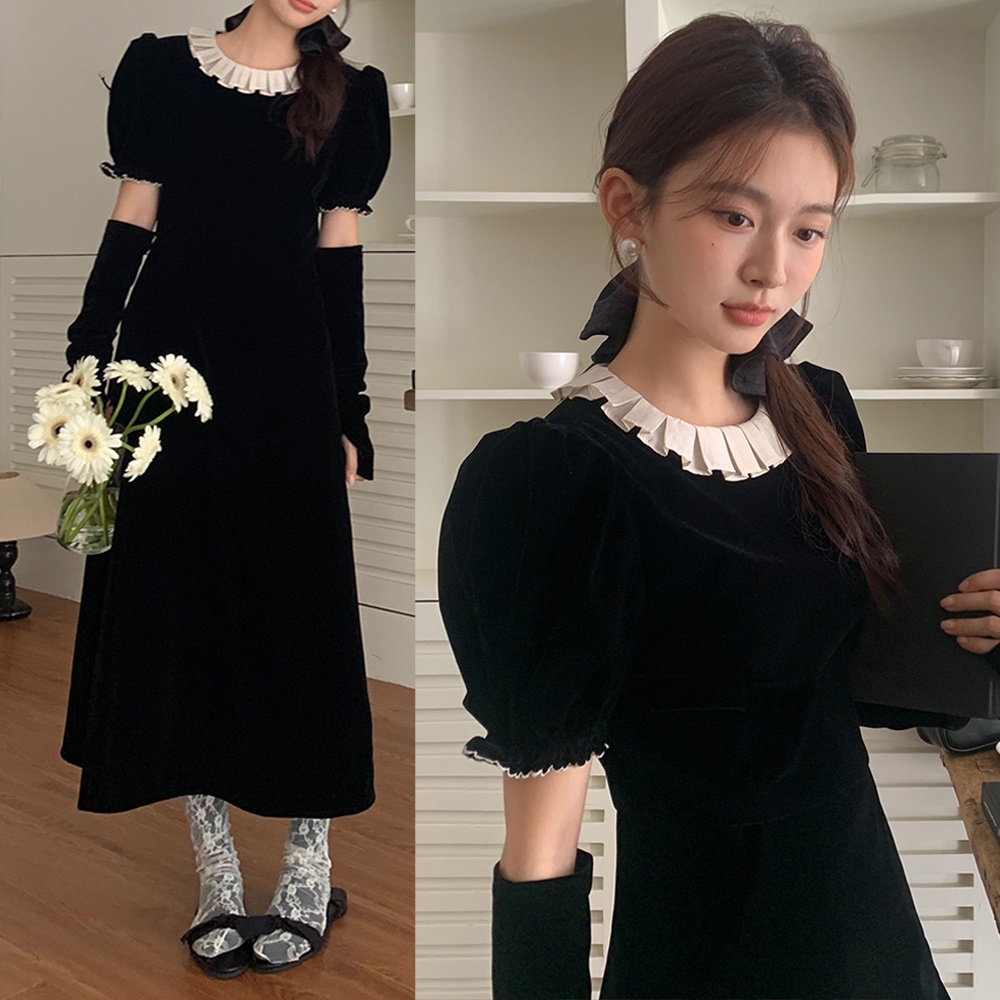Đầm Nhung Dáng Chữ a Màu Sắc Tương Phản Phong Cách retro 68668