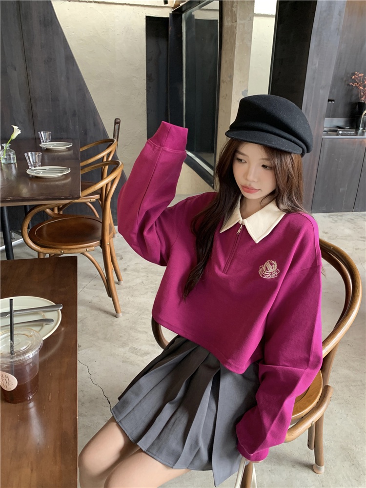 Áo sweater Tay Dài Cổ polo Thêu Họa Tiết Màu Sắc Tương Phản Phong Cách Hàn Quốc Cho Nữ