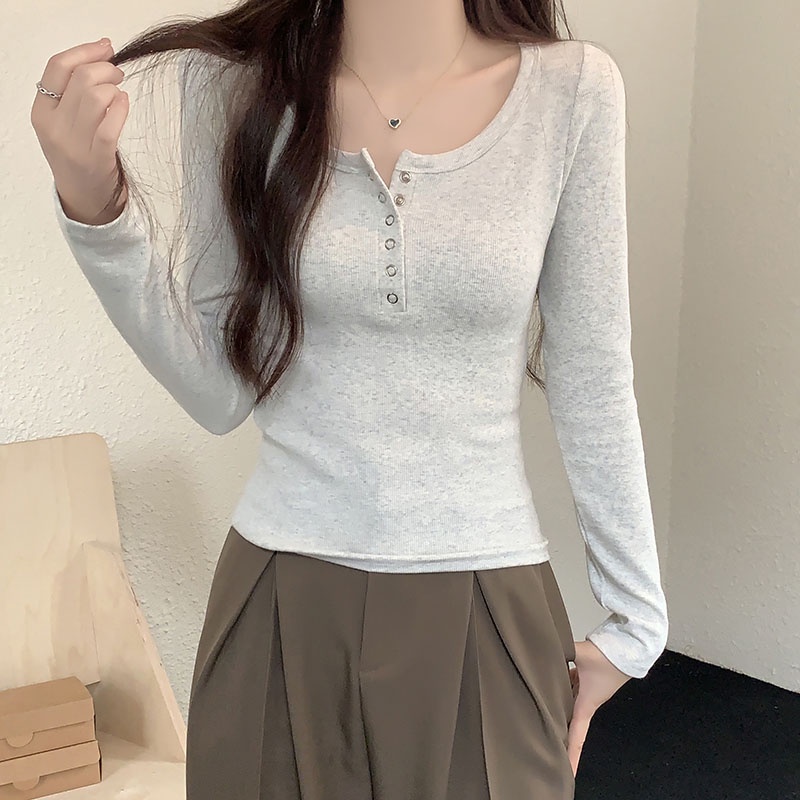 Áo Thun Cổ Tròn Tay Dài Cài Nút Thời Trang Thu Đông Dành Cho Nữ 68289