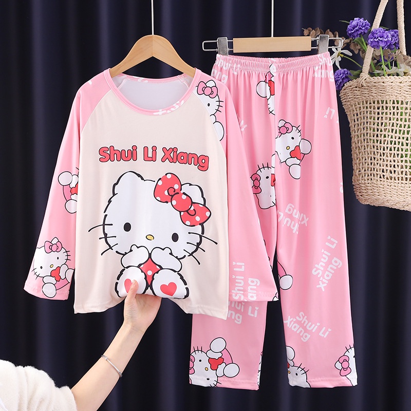 Bộ Đồ Ngủ Kuromi Cinnamoroll Tay Dài Phối Ren Mỏng In Họa Tiết Hoạt Hình Dễ Thương Thời Trang Xuân Thu Pijama Cho Bé Gái