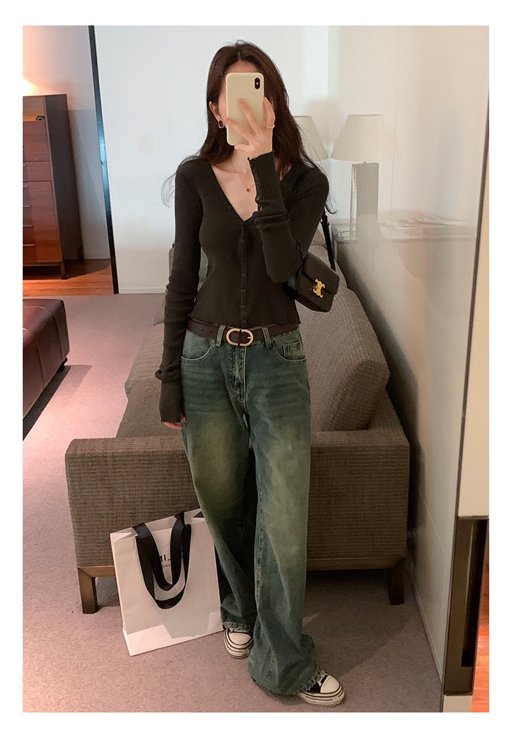 Áo cardigan Dệt Kim Cổ v Dáng Ôm Dài Tay Phong Cách retro 69080