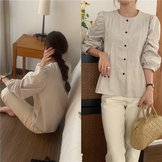 Áo sơ mi dài tay cổ tròn thiết kế xếp ly đơn giản 68197