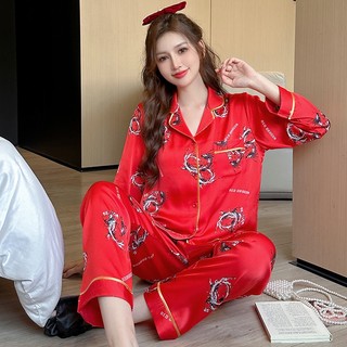 Bộ đồ ngủ dài tay bằng lụa mát màu đỏ mừng năm mới 2024