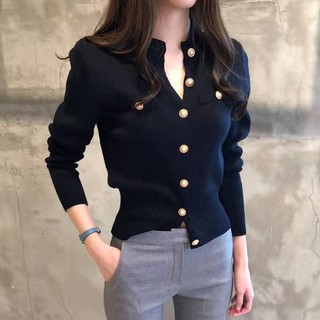 Áo sweater dệt kim dáng ngắn phối nút lưng cao màu đen / trắng / tím thời trang cho nữ