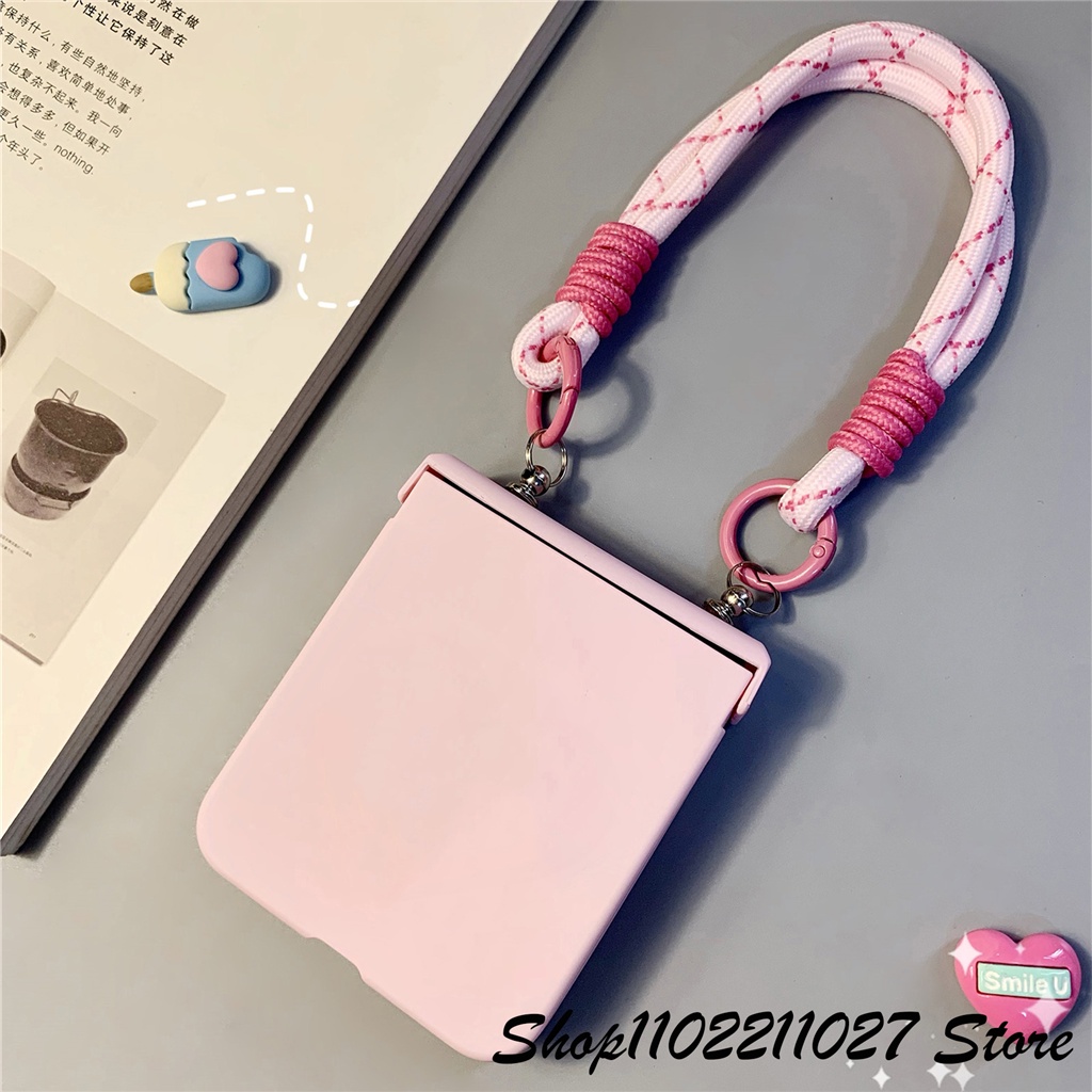 Dễ Thương Ốp Điện Thoại Màu Hồng Có Dây Đeo Tay Cho samsung galaxy z flip 5 5g z flip4 flip3 zflip5