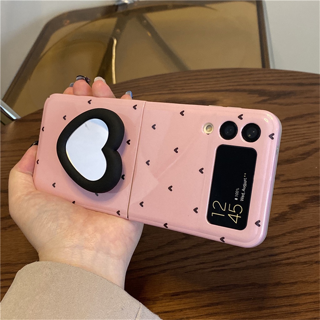 Dễ Thương Bao Da Điện Thoại Nắp Gập Mềm Tích Hợp Gương Họa Tiết Trái Tim Đáng Yêu Cho galaxy zflip4 5g z flip4 flip3 zflip4 flip3