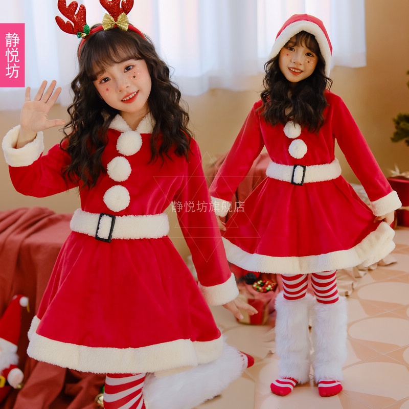 Đầm Công Chúa Tay Dài Phồng Màu Đỏ In Họa Tiết Ông Già Noel Dễ Thương Thời Trang Mùa Đông Cho Bé Gái