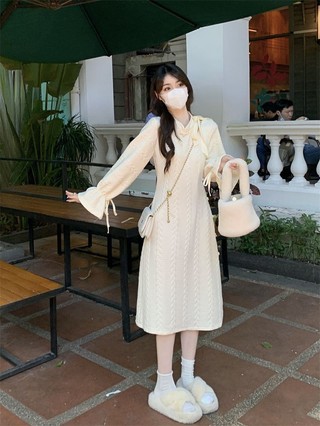  Váy Dài Kiểu Pháp, Thắt Nơ Ngang Vai, Váy Nữ Mùa Thu Đông, Mùa Xuân, 