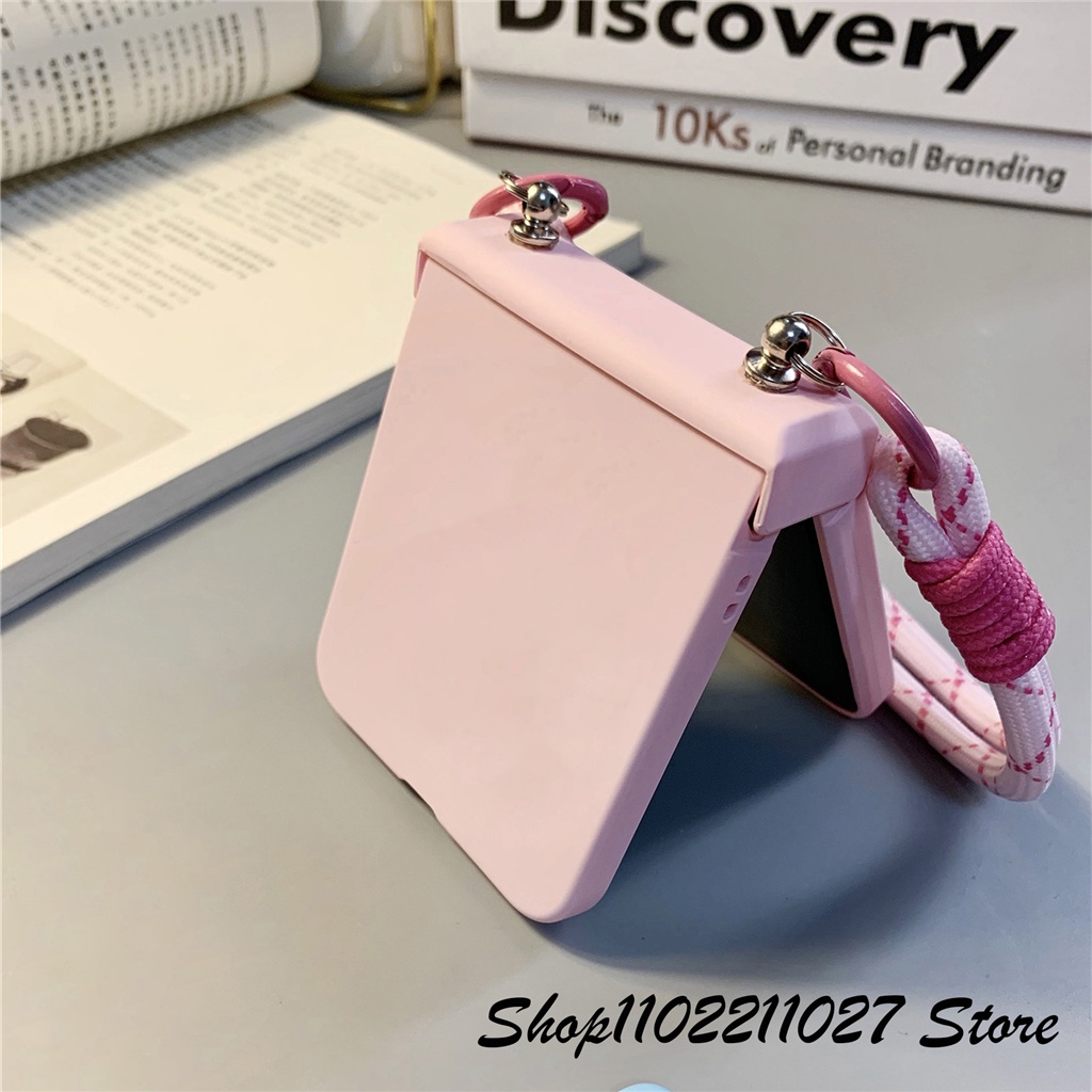 Dễ Thương Ốp Điện Thoại Màu Hồng Có Dây Đeo Tay Cho samsung galaxy z flip 5 5g z flip4 flip3 zflip5