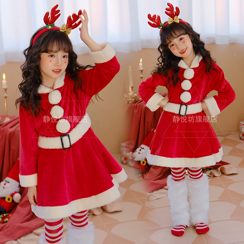 Đầm Công Chúa Tay Dài Phồng Màu Đỏ In Họa Tiết Ông Già Noel Dễ Thương Thời Trang Mùa Đông Cho Bé Gái