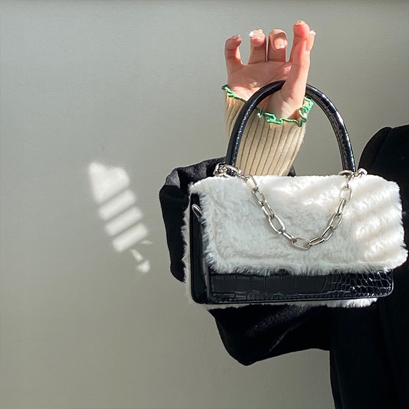 Túi Đeo Chéo Da pu Dáng Vuông Nhỏ Phối Lông Dễ Thương Thời Trang Cho Nữ