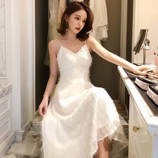 Váy Nữ 2 Dây Dáng Dài Lông Thỏ Phong Cách Sang Trọng Quý Phái