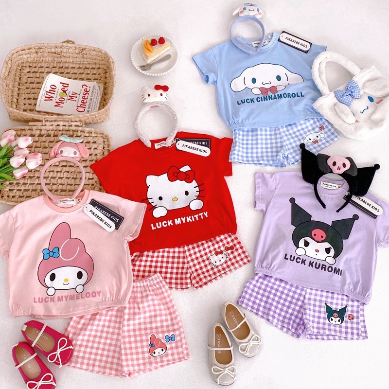 Sanrio set Áo Thun Tay Ngắn & Quần short In Hình kuromi & hello kitty Cho Bé Gái