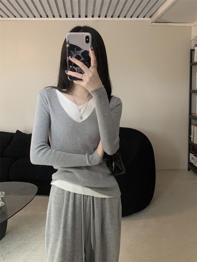 Áo Thun Tay Dài Giả Hai Mảnh Cổ Chữ v Phong Cách Mới Mùa Thu 67925