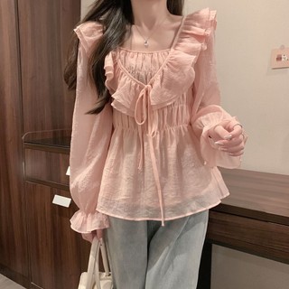 Áo Tay Dài Kiểu Pháp Cổ  Vuông Sơ Mi Ngọt Ngào Dịu Dàng Gió Cho Phụ Nữ Xuân Và Mùa Hè Mới
