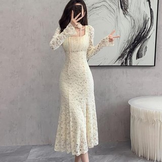 Đầm Ren Dài Đuôi Cá Thu Đông Mới Kiểu Pháp Nhẹ Nhàng, Kèm Nơ Cổ