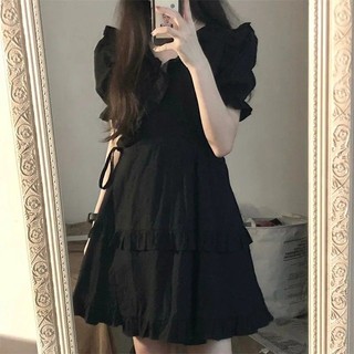 Hàn Quốc Khí Chất Đen Nhỏ Mộc Nhĩ Búp Bê Cổ Thắt Lưng Lộ Vẻ Gầy Nữ Sinh Mùa Hè Chữ A Váy