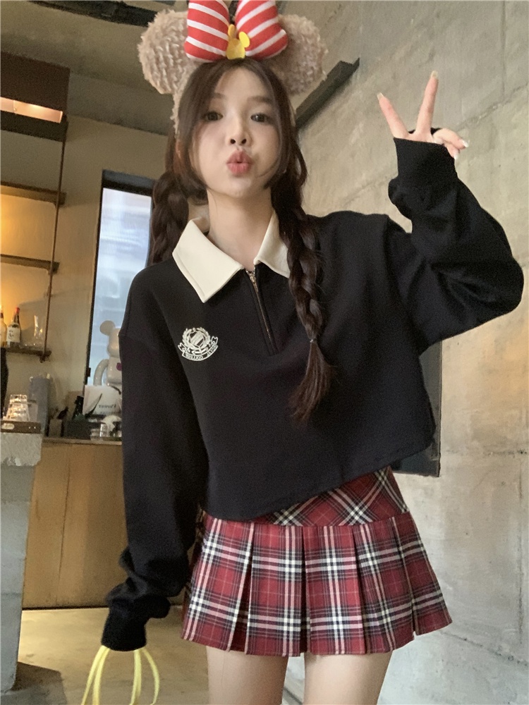 Áo sweater Tay Dài Cổ polo Thêu Họa Tiết Màu Sắc Tương Phản Phong Cách Hàn Quốc Cho Nữ