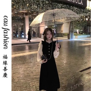 Váy Ren Cao Cấp Dài Tay Mỏng Chất Váy Nhung Trang Phục Mùa Thu Đông Hepburn Phiên Bản Hàn Quốc