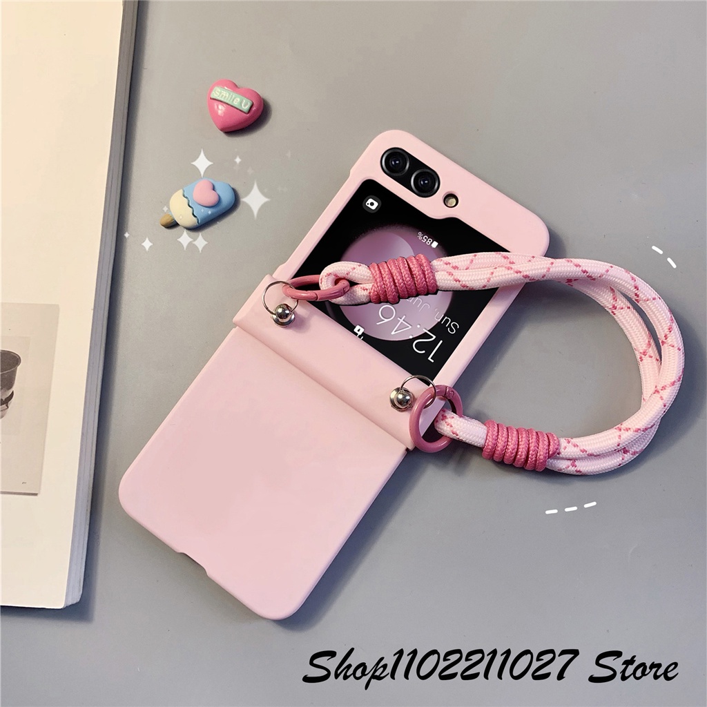 Dễ Thương Ốp Điện Thoại Màu Hồng Có Dây Đeo Tay Cho samsung galaxy z flip 5 5g z flip4 flip3 zflip5