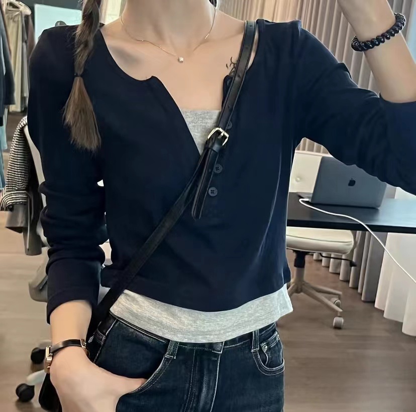 Áo Thun Tay Dài Giả Hai Lớp Màu Sắc Tương Phản Thời Trang Dành Cho Nữ 67765