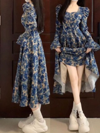 Váy Hoa Dáng Dài Kiểu Pháp Cổ Vuông Họa Tiết Vintage Dài Tay Phù Hợp Mùa Thu