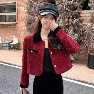 Áo khoác dạ tweed màu đỏ phong cách hàn quốc mùa thu đông hack dáng, hack tuổi