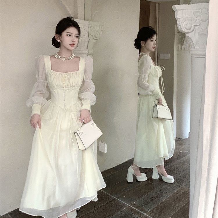 Đầm Tiểu Thư Cổ Vuông Tay Phồng Dáng Dài Chữ A Ôm Eo Phong Cách Pháp Ngọt Ngào Thanh Lịch