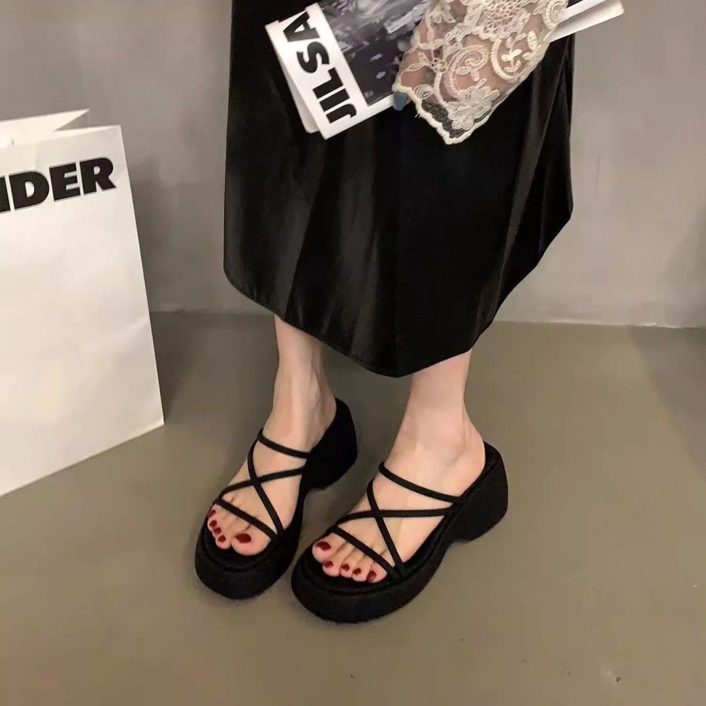 Xăng đan Đế Dày Quai Mảnh Màu Đen Thời Trang Mùa Hè 2023 Cho Nữ