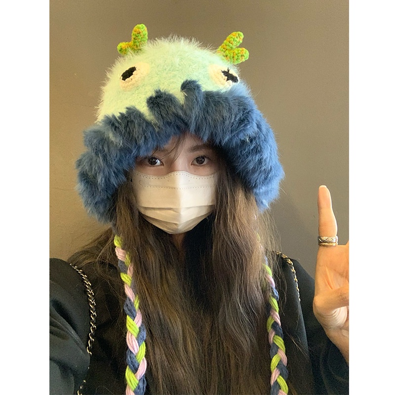 Dualswish Mũ Len Thủ Công Giữ Ấm Tai Thỏ Quái Vật Nhỏ Dễ Thương Thu Đông Cho Nữ Leo feng