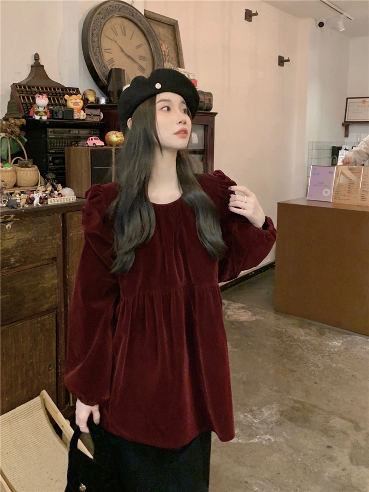 69112 retro Cổ Tròn Áo Sơ Mi Nhung Rời