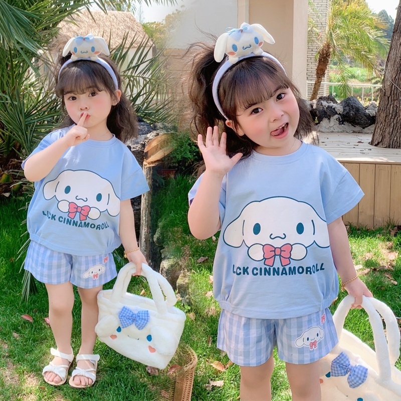 Sanrio set Áo Thun Tay Ngắn & Quần short In Hình kuromi & hello kitty Cho Bé Gái