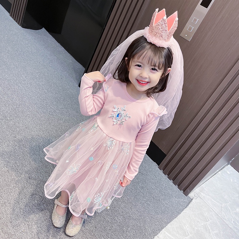 Đầm Công Chúa elsa Thêu Ren Tay Phồng Thời Trang Cho Bé Gái 2-9 Tuổi