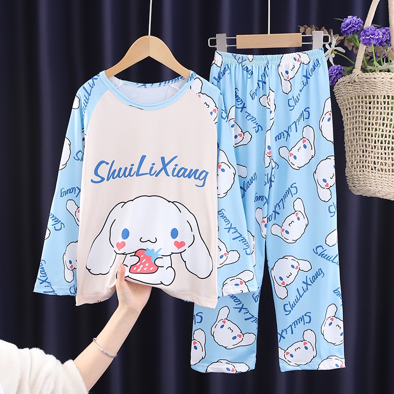 Bộ Đồ Ngủ Kuromi Cinnamoroll Tay Dài Phối Ren Mỏng In Họa Tiết Hoạt Hình Dễ Thương Thời Trang Xuân Thu Pijama Cho Bé Gái