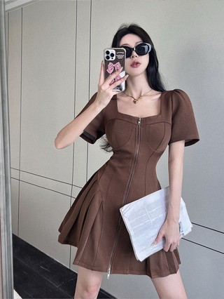 Váy Nữ Phong Cách Bigsize Cỡ Lớn Kiểu Pháp Ngự Tỷ Cảm Giác Cao Cấp Khóa Kéo Thắt Lưng Lộ Vẻ Gầy Cổ Vuông Váy Ngắn Nữ
